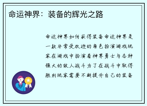 命运神界：装备的辉光之路