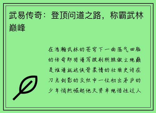 武易传奇：登顶问道之路，称霸武林巅峰