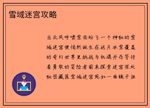 雪域迷宫攻略